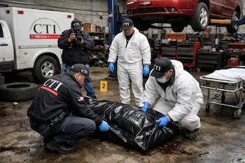 Cuatro hombres, algunos con trajes forenses y guantes azules, manipulan una bolsa negra con un cuerpo. Un coche rojo elevado, una camilla y una furgoneta CTI.