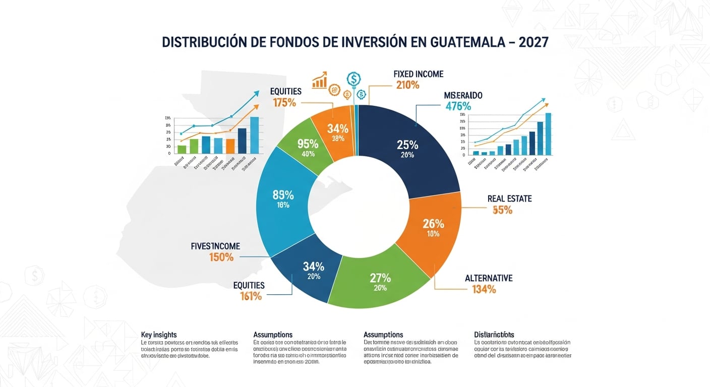 Un gráfico circular muestra la distribución proyectada de fondos de inversión en Guatemala para 2027, destacando categorías como renta fija, renta variable y alternativos. (Imagen Ilustrativa Infobae)