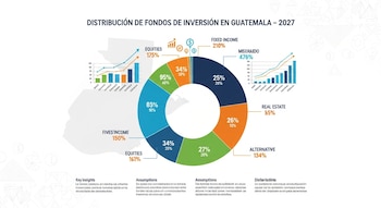 Infografía sobre distribución de fondos de inversión en Guatemala para 2027. Muestra gráfico circular, barras de crecimiento y porcentajes por categoría.