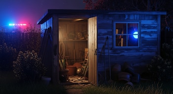 Un cobertizo de madera deteriorado con la puerta abierta y herramientas dentro, iluminado por luces rojas y azules de un vehículo policial al fondo, en un jardín oscuro.