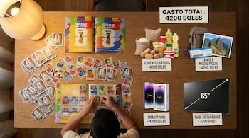 Vista aérea de persona llenando álbum Panini Mundial 2026, con stickers, y el costo total comparado con alimentos básicos, viaje a Machu Picchu, smartphone y TV.