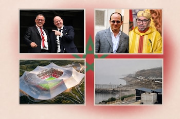 Cuatro fotografías con dirigentes, el rey de Marruecos, estadio Hassán II y Ceuta, dispuestas sobre la bandera marroquí.