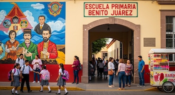 Vista exterior de la entrada de la Escuela Primaria Benito Juárez con un mural. Varios alumnos uniformados y adultos caminan cerca de un puesto de paletas.