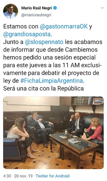 Tweet de Mario Negri confirmando