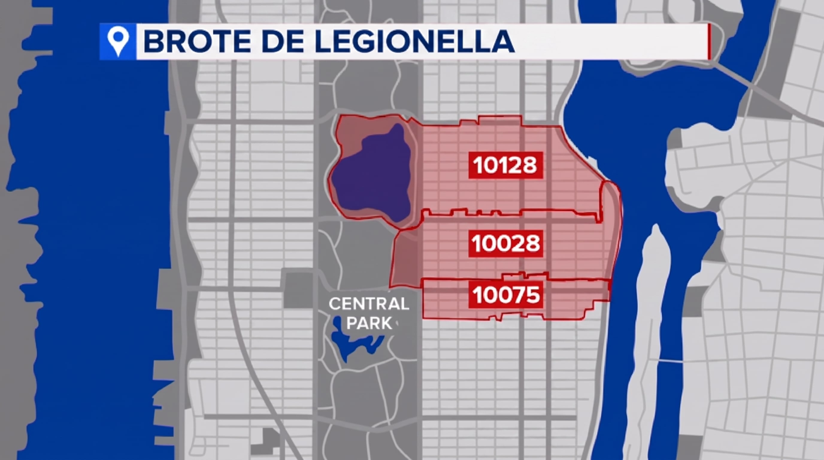 Un mapa de Manhattan muestra el brote de Legionella en los códigos postales 10128, 10028 y 10075 de Nueva York (ABC7/Imagen Ilustrativa Infobae)