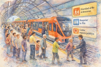 Pintura en acuarela de una estación de metro con un tren naranja y varias personas formadas. Tres carteles muestran normas de prioridad, fila y cuidado público.