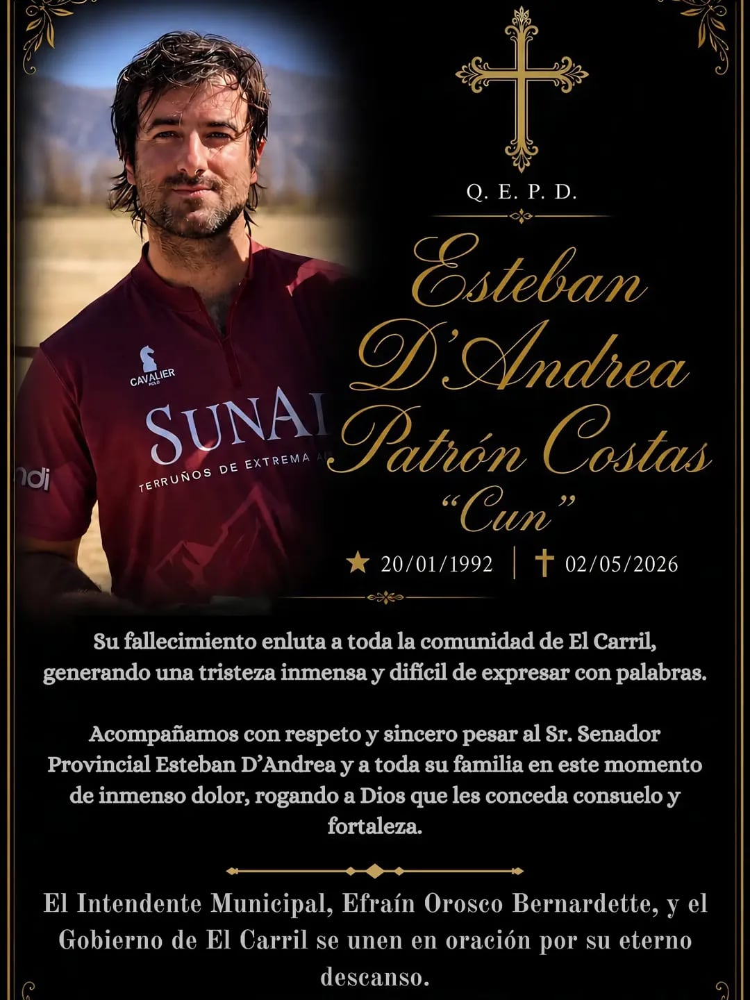 El mensaje de la municipalidad de El Carril por la muerte de Esteban D’Andrea Patrón Costas (Crédito: @munielcarrilok/Instagram)