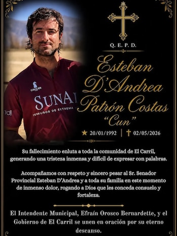 El mensaje de la municipalidad de El Carril por la muerte de Esteban D’Andrea Patrón Costas