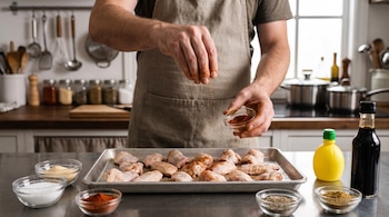 Un hombre con delantal echa condimentos sobre alitas de pollo en una bandeja, rodeada de cuencos con especias y botellas en una cocina.