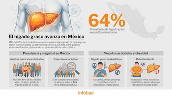 Infografía sobre hígado graso en México. Muestra un hígado resaltado en un torso, un mapa de México y paneles con datos de prevalencia, vínculo con diabetes y obesidad.