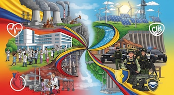 Ilustración vibrante que divide la imagen: a la izquierda, industrias contaminantes y atención médica; a la derecha, energías limpias, naturaleza y Fuerza Pública colombiana.
