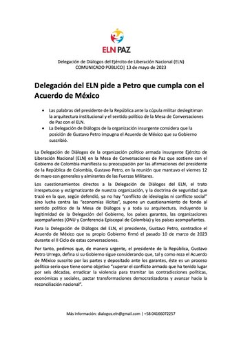 La Delegación del ELN emitió