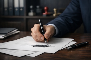 Una mano sostiene una pluma fuente y firma un documento de papel con una firma tachada sobre una mesa de madera. Al fondo, estantes con carpetas y sellos.