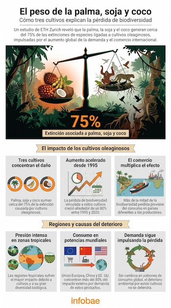 Infografía con balanza, frutas de palma, soja, coco, orangután, leopardo, rana, nutria, aves, árboles y gráficos sobre extinción y biodiversidad