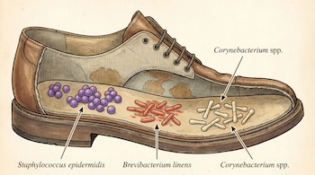 Una ilustración de corte transversal de un zapato mostrando agrupaciones de bacterias Staphylococcus epidermidis (púrpura), Brevibacterium linens (naranja) y Corynebacterium spp. (beige).