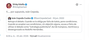 La periodista Vicky Dávila criticó a Iván Cepeda por no asistir a debates - crédito @VickyDavilaH/X