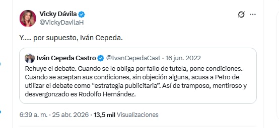 La periodista Vicky Dávila criticó a Iván Cepeda por no asistir a debates - crédito @VickyDavilaH/X
