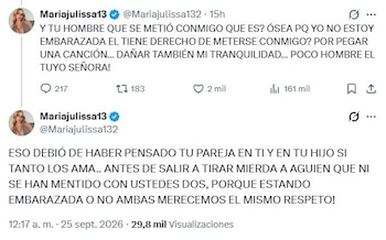 María Julissa respaldó la postura de Mr. Stiven y criticó la alusión hacia su persona en la canción, además de responder con dureza a Karina García - crédito @Mariajulissa132/X