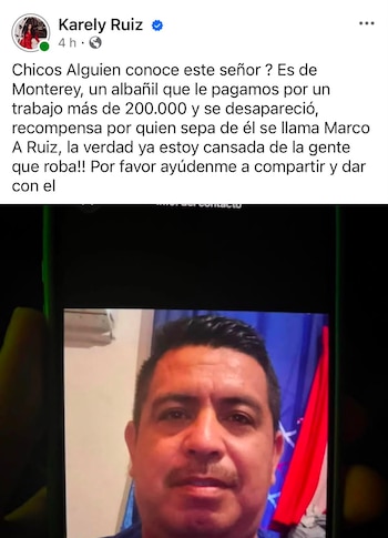 Así denunció Karely el fraude del albañil (captura)