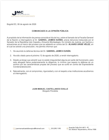 El abogado Juan Manuel Castellanos asumió la defensa de Gabriel Jaimes. Informó que acudirán al llamado a interrogatorio - crédito @CastellanosAbo/X