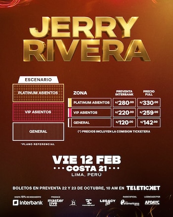 Cartel promocional con el plano de zonas y una tabla de precios para la presentación musical de Jerry Rivera en Lima