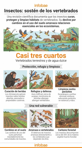 Infografía explicativa con dibujos de animales e insectos en recuadros informativos sobre el papel de los invertebrados en la naturaleza.