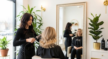 Una mujer estilista peina el cabello de una clienta con un secador y cepillo en un salón. Hay plantas, un espejo grande y productos para el cabello.