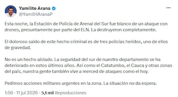 La situación en el sur de Bolívar muestra un deterioro progresivo de la seguridad, según han señalado los responsables locales. El gobernador Yamil Arana fue categórico al describir el impacto de lo ocurrido - crédito @YamilHAranaP/X