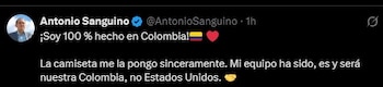 Antonio Sanguino defendió el uso de la camiseta como expresión de identidad colombiana, señalando que su significado trasciende cualquier diferencia política - crédito Antonio Sanguino/X