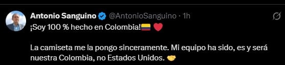 Antonio Sanguino defendió el uso de la camiseta como expresión de identidad colombiana, señalando que su significado trasciende cualquier diferencia política - crédito Antonio Sanguino/X