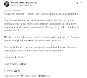 El mensaje presidencial no especificó las razones de la salida de Lara Restrepo ni la fecha de posesión de su reemplazo - crédito @ABDELAESPRIELLA/X