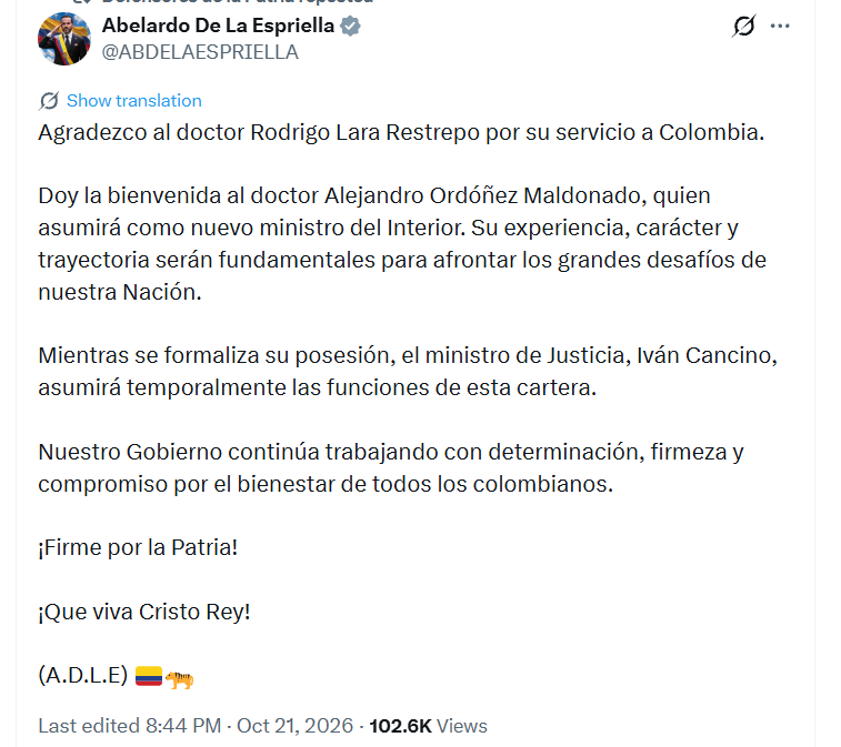 Con este mensaje en redes sociales, el presidente Abelardo de la Espriella confirmó la salida de Rodrigo Lara del Ministerio del Interior - crédito @ABDELAESPRIELLA/X