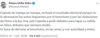 Álvaro Uribe pidió enfrentar “el terrorismo” en las urnas y sostuvo críticas contra Iván Cepeda - crédito @AlvaroUribeVel/X