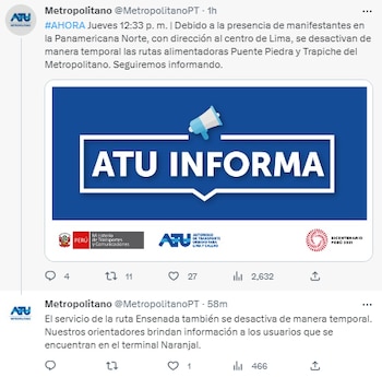 ATU anuncia desvíos en el Metropolitano.