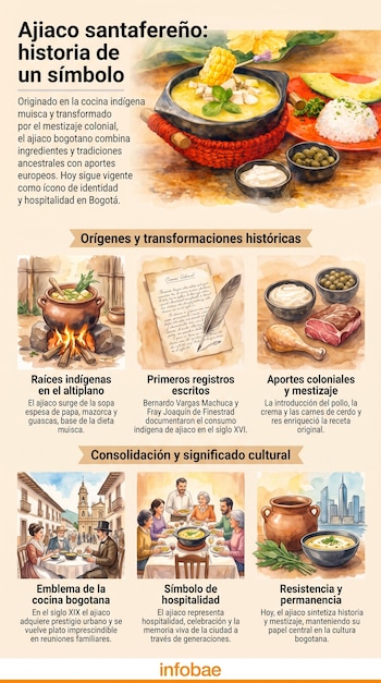 Infografía del ajiaco santafereño. Se muestra el plato final y sus ingredientes, escenas históricas de preparación, documentos antiguos y su consumo.