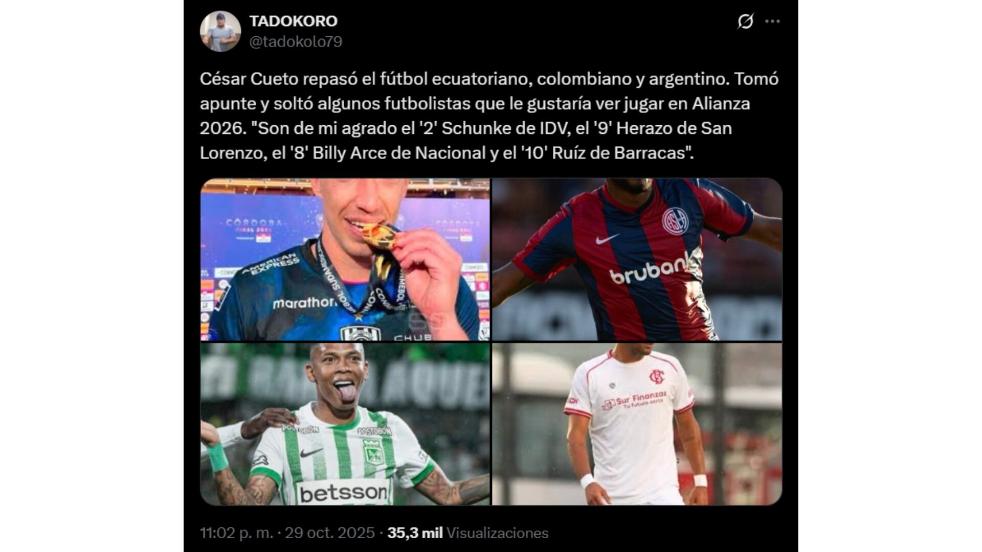 El periodista Wilmer Robles informó los cuatro fichajes que haría César Cueto para Alianza Lima en 2026. - captura: Twitter