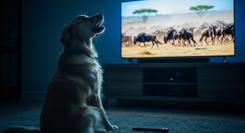 Un perro dorado sentado ladra hacia una televisión que muestra ñus corriendo en una llanura africana. La escena es en una habitación oscura con un mueble de TV.