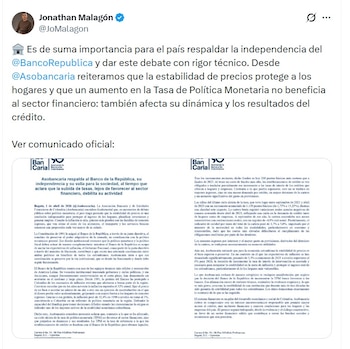Jonathan Malagón, presidente de Asobancaria, recordó la importancia de la independencia del Banco de la República - crédito @JoMalagon/X