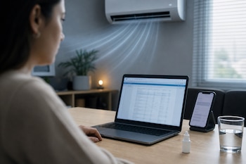 Persona de espaldas frente a una computadora portátil, un teléfono, un frasco de gotas y un vaso de agua, con un aire acondicionado en la pared.