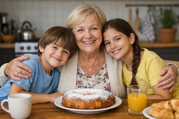Una mujer mayor con cabello rubio corto y una sonrisa radiante abraza a un niño y una niña sonrientes en una mesa de madera con desayuno.