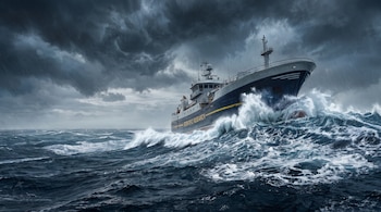 Un buque con la inscripción Scientific Research navega entre olas en un mar agitado bajo un cielo con lluvia.