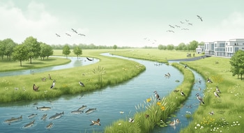 Ilustración de un río sinuoso que fluye por un valle verde, con árboles, aves, peces e insectos. Al fondo, edificios modernos protegidos por el terreno.