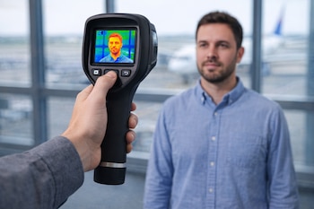 Una mano sostiene una cámara térmica que muestra la imagen de calor del rostro de un hombre; el hombre aparece desenfocado con ventanas de aeropuerto detrás.