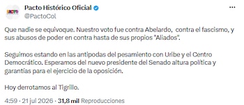 Pacto Histórico exigió garantías para la oposición tras la elección de Honorio Henríquez - crédito @PactoCol/X