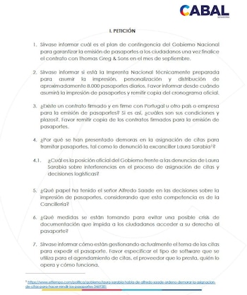 Documento de derecho de petición radicado por María Fernanda Cabal - crédito @MariaFdaCabal/X