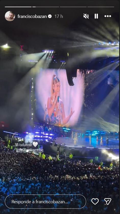 Foto 3: Mientras Susana Alvarado seguía cantando en el escenario, su presencia se multiplicó en redes entre elogios, críticas y el foco constante de las historias de Bazán. (Instagram / franciscobazan)