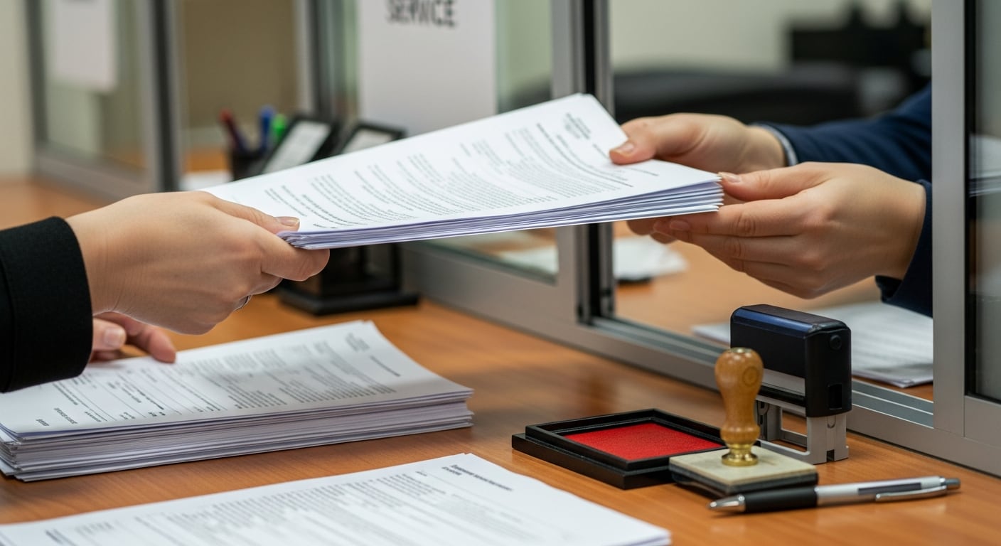 Un ciudadano entrega un fajo de documentos oficiales a un funcionario público a través de una ventanilla de servicio en un entorno administrativo. (Imagen Ilustrativa Infobae)