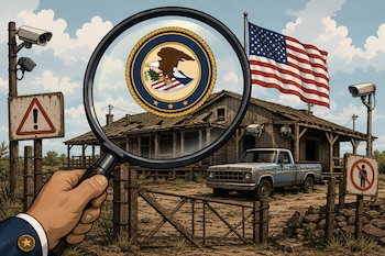 Una mano sostiene una lupa con el sello del Departamento de Justicia de Estados Unidos frente a una casa de madera, una camioneta y una bandera.