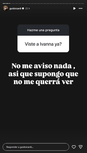 Captura de pantalla de una historia de Instagram de @guidoicardi, con un cuadro de pregunta que dice "Viste a Ivanna ya?" y una respuesta escrita abajo