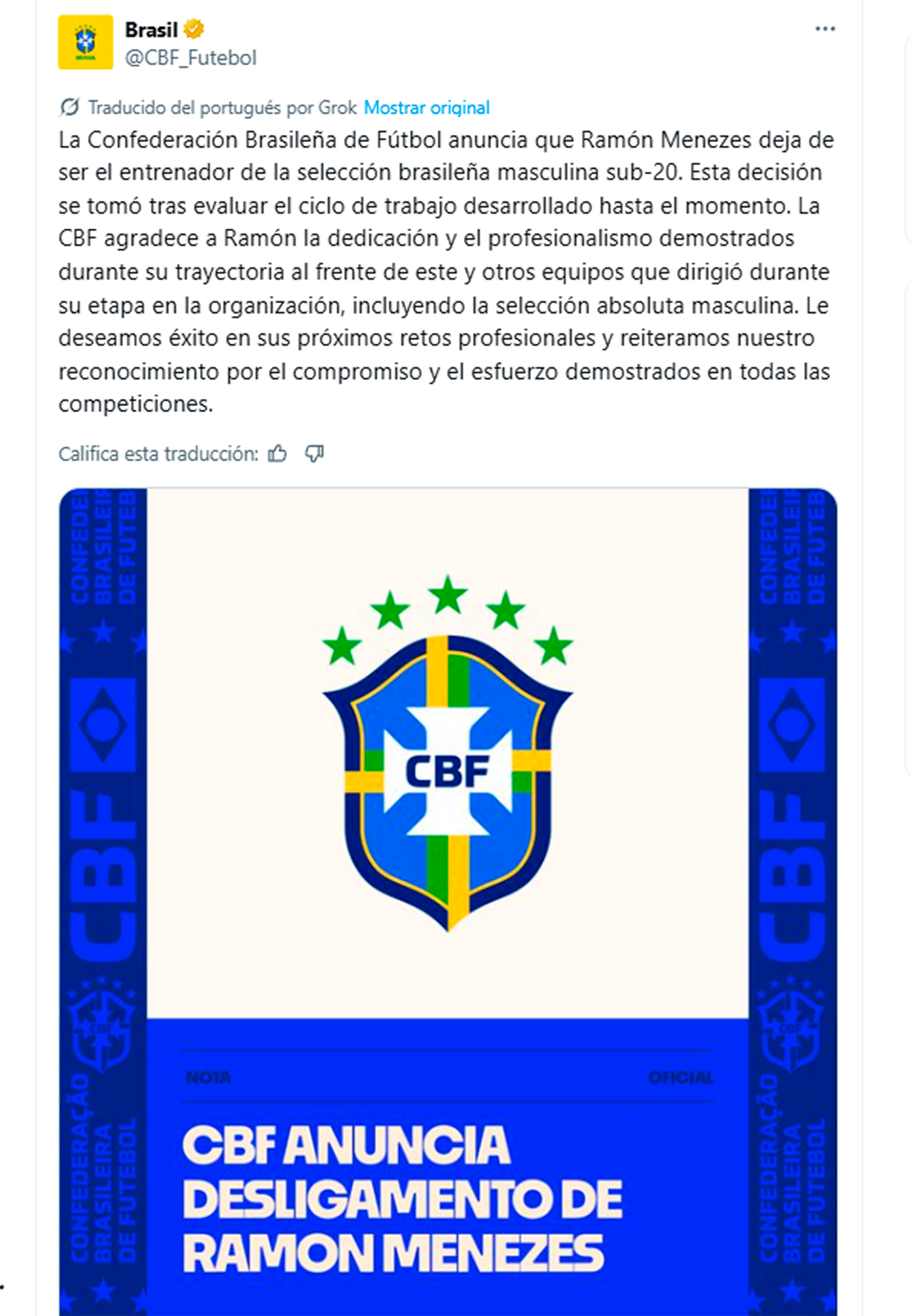 El comunicado oficial de la CBF por el cese de Ramon Menezes de su cargo